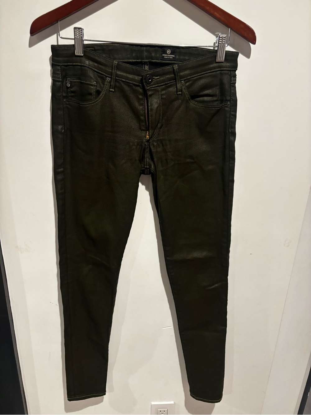AG Adriano Goldschmied Olive Green Coated Skinny Jeans